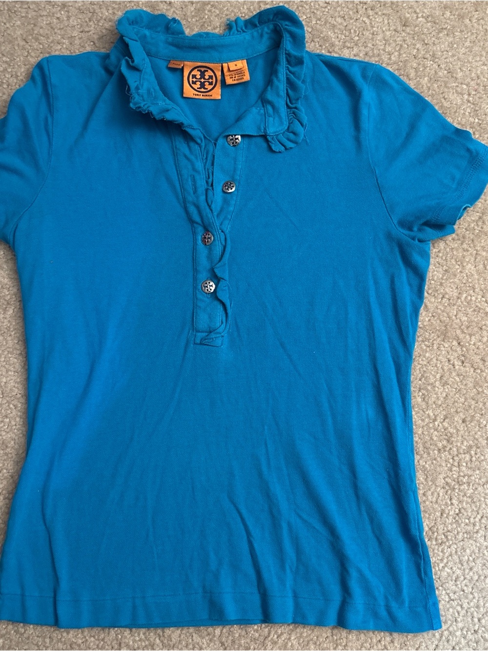 Tory Burch Teal Ruffle-Collar Polo Top